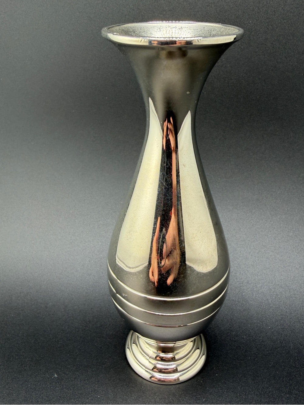 Vintage Pewter Bud Vase 5.5” Tall Felt Bottom with 3 Horizontal Engraved Bands